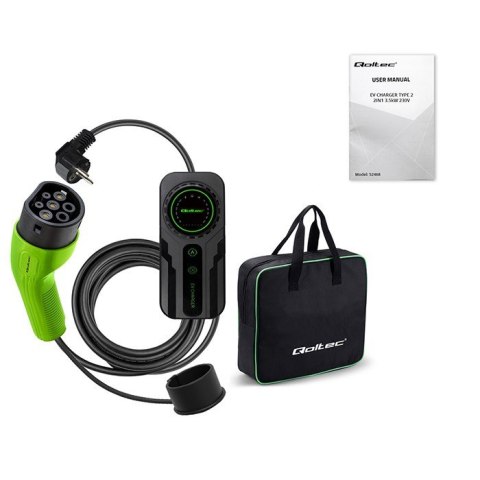 Mobilna ładowarka do samochodu elektrycznego EV z regulacją 2w1 Typ2 | Schuko | 3.5kW | 230V | LCD | Przenośna | Wallbox | 5m Qoltec