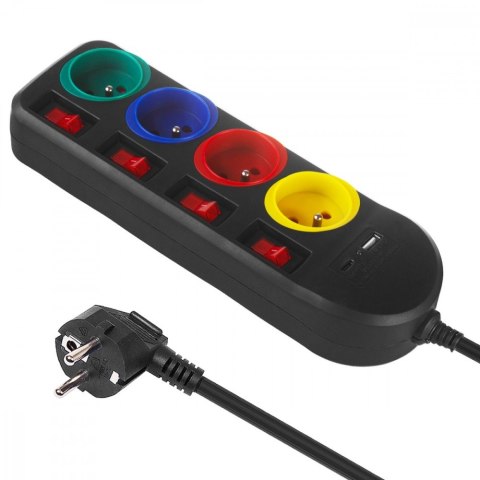 Przedłużacz 1,5m 250VAC 10A 4 gniazda MCE508 B Port USB-C Quick charge 2.0 IP20 Maclean