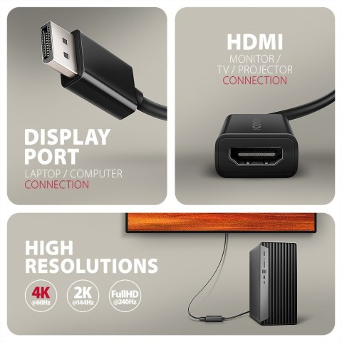 RVD-HI20N Adapter aktywny DisplayPort -> HDMI 1.4, 4K/60Hz, kabel 15cm AXAGON