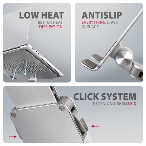 STND-LR Podstawa do laptopów aluminiowa 10-17,3" regulowane kąty nachylenia, obrót o 360 stopni, Szara AXAGON