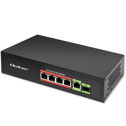 Przełącznik sieciowy SWITCH FAST ETHERNET PoE 4x RJ45 PoE 1x RJ45Uplink 1x SFP | 65W | 1000 Mb/s Qoltec