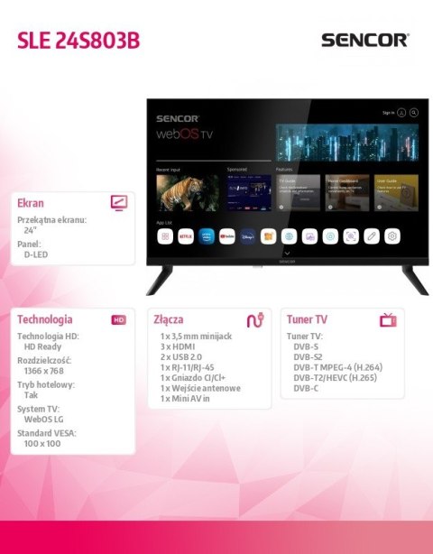 Telewizor 24 cale SMART webOS LG DVB-T/T2/C/S/S2 BT5 Sencor