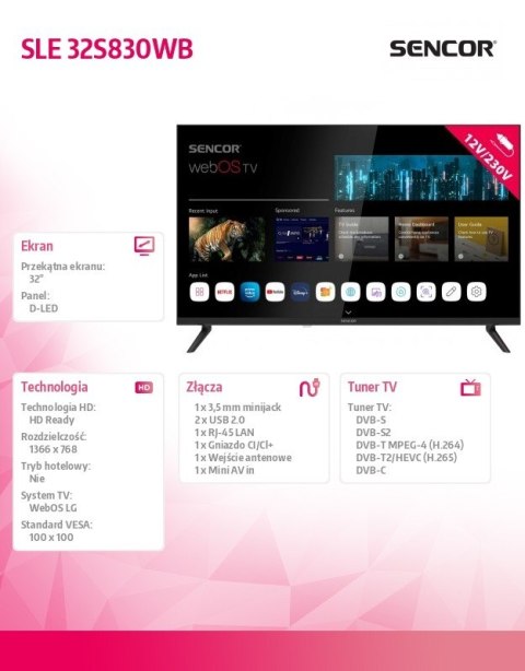 Telewizor 32 cale Smart webOS LG 12/240V SLE 32S830WB Wi-Fi BT5.0 Sencor