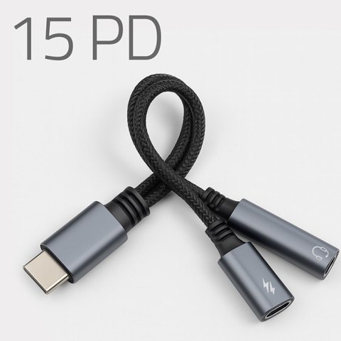 Adapter USB-C 2w1 | USB-C | Jack 3.5mm | PD 15W | 10cm Qoltec