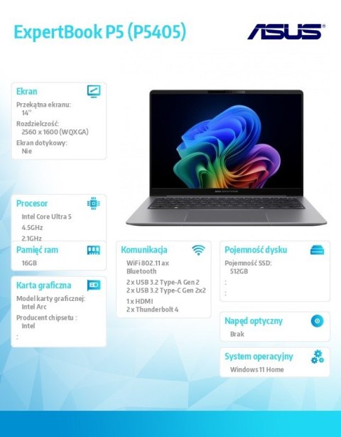 Notebook ExpertBook P5 P5405CSA-NZ0416W Ultra 5 226V/16GB/512GB/14 WQXGA/Win 11Home/3YRS Copilot+PC Asus