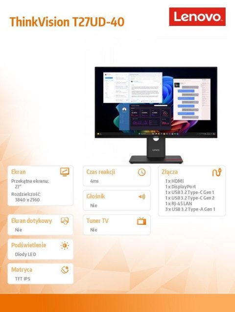 Monitor 27 cali ThinkVision T27UD-40 64AFGAT2EU Lenovo