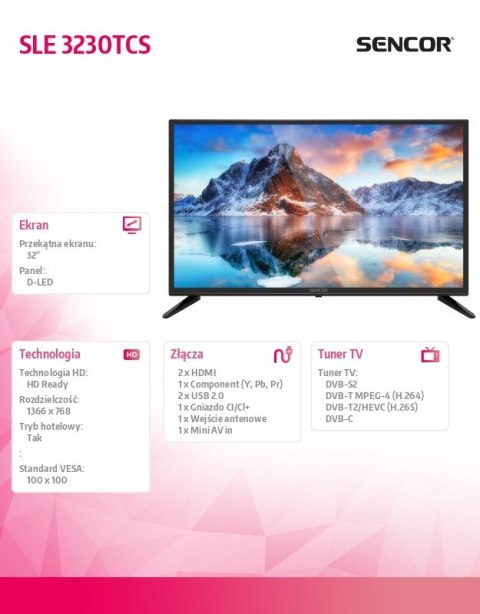 Telewizor 32 cale HD SLE 3230TCS DVB-T/T2/C/S/S2 Ci+ HEVC Sencor
