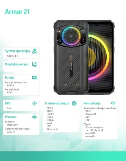 Smartfon Armor 21 4G 8/256GB IP69K głośnik 122dB RGB Czarny ULEFONE