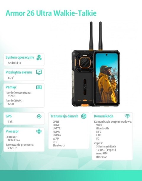 Smartfon Armor 26 Ultra Walkie-Talkie 5G 12/512GB IP69K Czarny ULEFONE