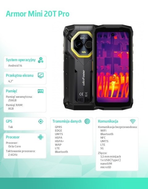 Smartfon Armor Mini 20T Pro 5G 4.7 cala 8/256GB IP69K termowizja Czarny ULEFONE
