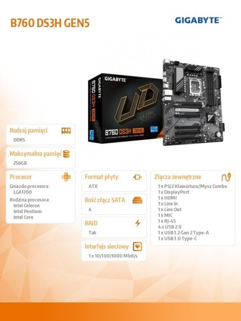 Płyta główna B760 DS3H GEN5 s1700 4DDR5 HDMI/DP ATX Gigabyte