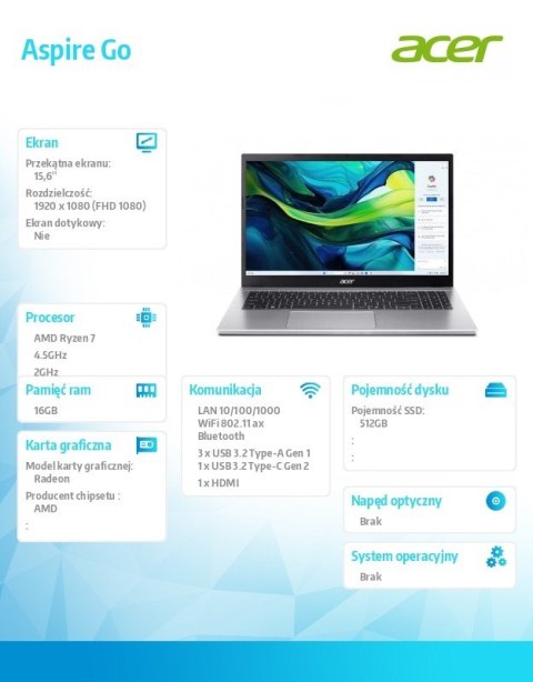 Laptop Aspire Go 15 AG15-42P-R40Z Ryzen 7 5825U 15.6 FHD 16GB 512GB NoOS Srebrny Acer