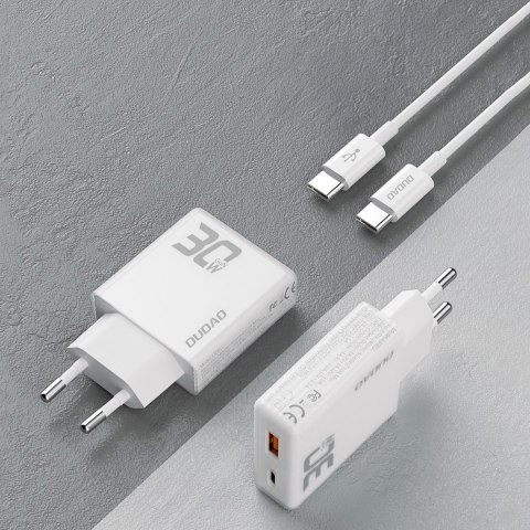 Ładowarka sieciowa GaN 30W USB-A - USB-C z kablem USB-C - biała DUDAO