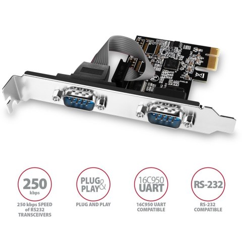 PCEA-S2N Kontroler PCIe 2x port szeregowy RS232 250 Kbps, w zestawie SP & LP AXAGON