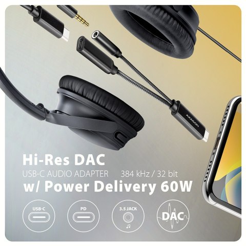ADA-HCPD Zewnętrzna karta dźwiękowa USB-C 32bit DAC 3.5mm (F) złącze, 384kHz + PD 60W AXAGON