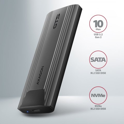 EEM2-GTS2 Obudowa zewnętrzna aluminiowa bezśrubowa USB-C 3.2 Gen 2 M.2 NVMe & SATA SSD + USB-A - USB-C redukcja AXAGON