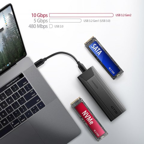 EEM2-GTS2 Obudowa zewnętrzna aluminiowa bezśrubowa USB-C 3.2 Gen 2 M.2 NVMe & SATA SSD + USB-A - USB-C redukcja AXAGON