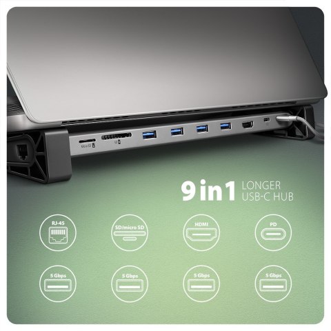 HMC-10HLS Wieloportowy hub USB 9in1, 5Gbps, 4x USB-A, HDMI 4K/60Hz, GLAN, SD/microSD, PD 100W, 25cm USB-C kabel AXAGON