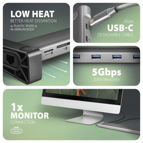 HMC-10HLS Wieloportowy hub USB 9in1, 5Gbps, 4x USB-A, HDMI 4K/60Hz, GLAN, SD/microSD, PD 100W, 25cm USB-C kabel AXAGON